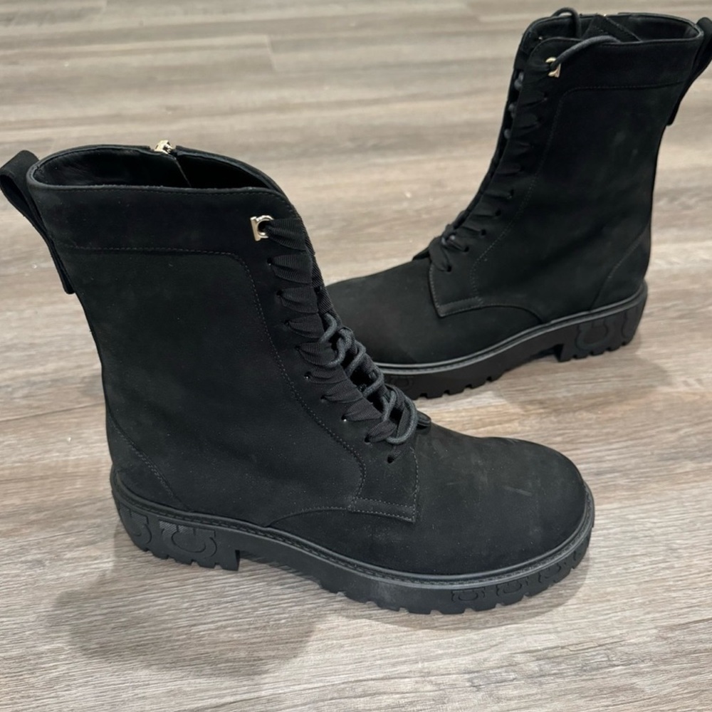 Salvatore Ferragamo Chopper Nero Black Suede Leather Logo Lace Up Combat Boots